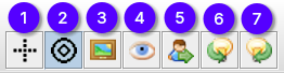 1: a button with a dotted cross mark. 2: a button with two concentric circles. 3: a button with a painting image. 4: a button with an eye image. 5: a button with a person with arrow image. 6: a button with a light bulb pointing counterclockwise image. 7: a button with a light bulb pointing clockwise image.